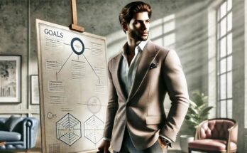 Sharp looking man in a suite looking at a goals chart for self-improvement journey