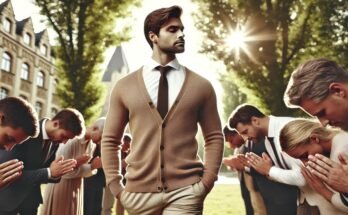 Confident man standing outside with people showing respect.