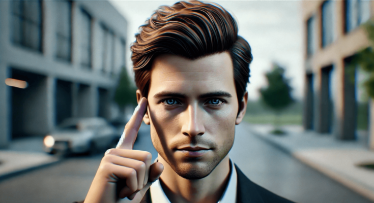 A sharp looking young man pointing to his temple, symbolizing mindset and focus.