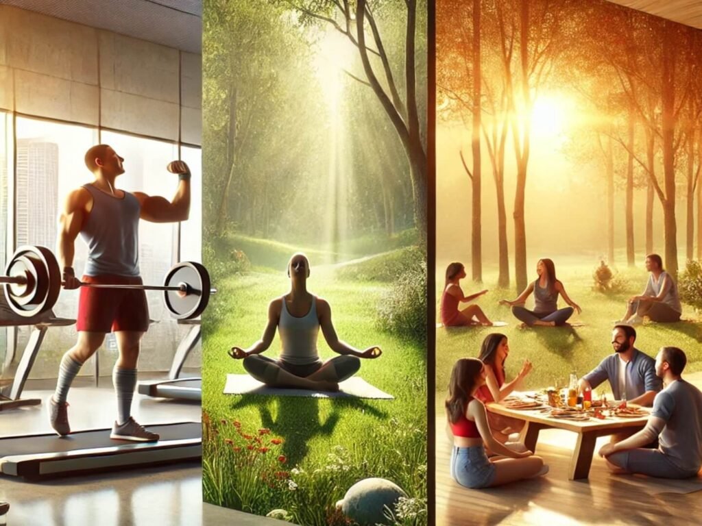 People practicing self-care: working out, meditating in nature, eating healthy and spending time together.