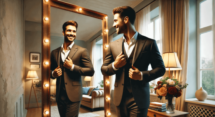 A good looking man standing confidently in front of mirror and smiling, shoe casing self-love.