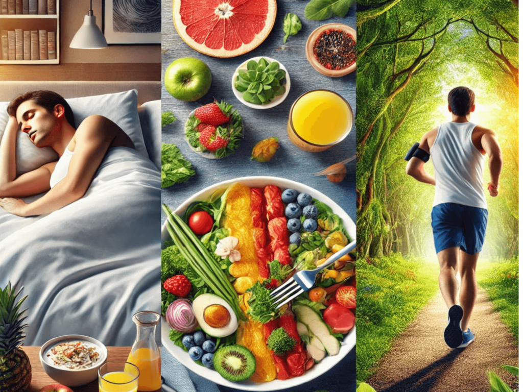 A collage of steps: sleep, nutritious diet, and exercise.