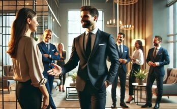 Well-dressed gentleman confidently engaging with others, showcasing respect, kindness, elegance in a modern setting.