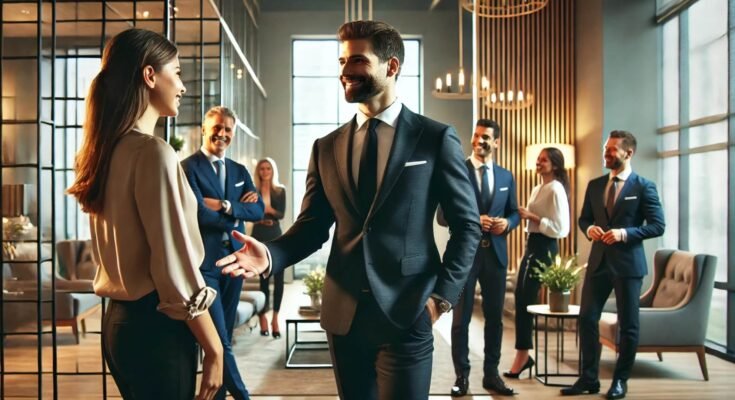 Well-dressed gentleman confidently engaging with others, showcasing respect, kindness, elegance in a modern setting.