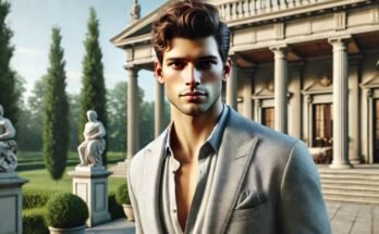 Well-dressed sharp looking man standing confidently in front of a mansion, showing enhanced appearance.