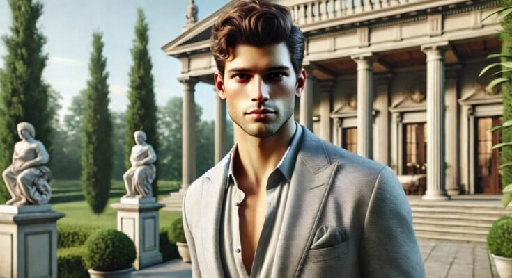 Well-dressed sharp looking man standing confidently in front of a mansion, showing enhanced appearance.