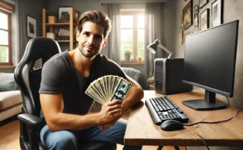 Man showing cash while sitting at a desk, representing success through social media theme pages.