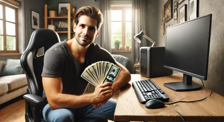 Man showing cash while sitting at a desk, representing success through social media theme pages.