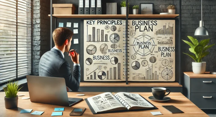 Man in a professional workspace reflecting on the importance of key principles and business planning