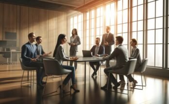 A group showcasing effective communication skills during a professional meeting