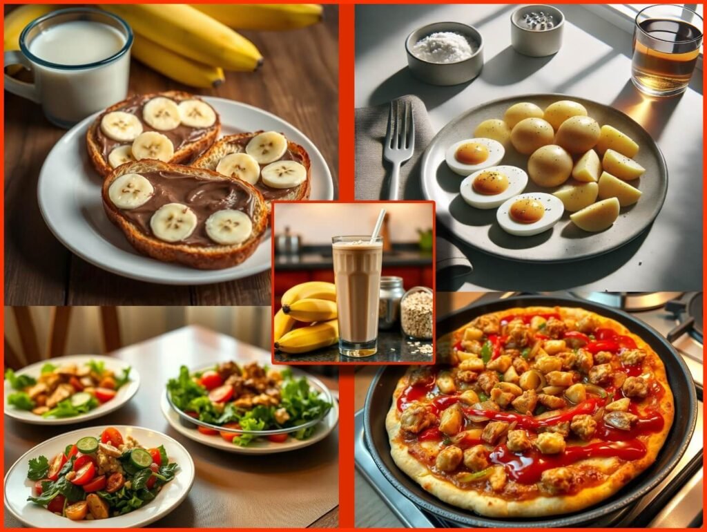 Collage of 5 low-budget bulking meals for beginners