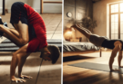 The image shows two people doing calisthenics moves. One is doing a frog stand, and the other is doing a planche.