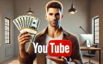 A man holding a bundle of money in one hand and the YouTube logo in the other, showcasing YouTube success.