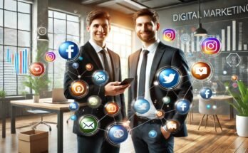 Two men in suits, surrounded by social media icons, collaborating on digital marketing strategies.