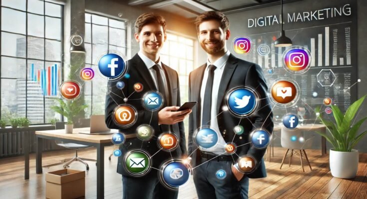 Two men in suits, surrounded by social media icons, collaborating on digital marketing strategies.
