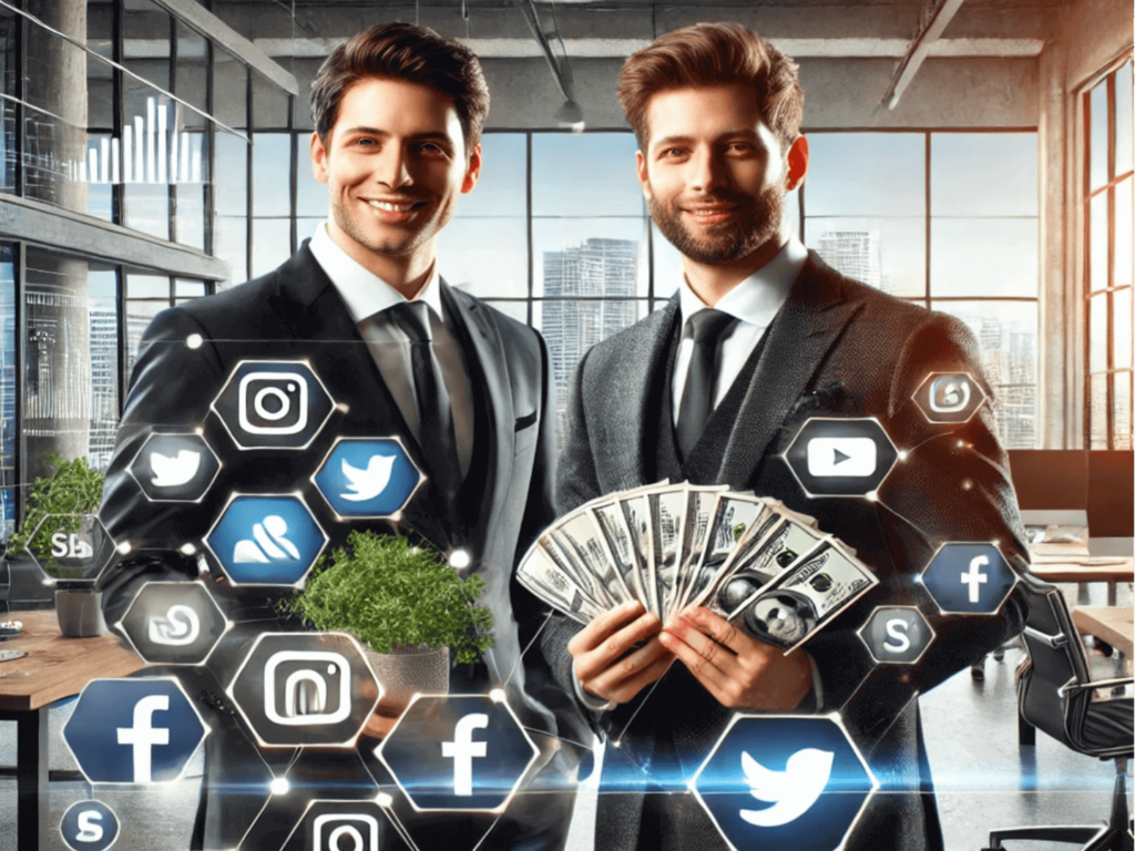 Two men in suits holding cash, surrounded by social media icons, showcasing digital marketing earning potential.