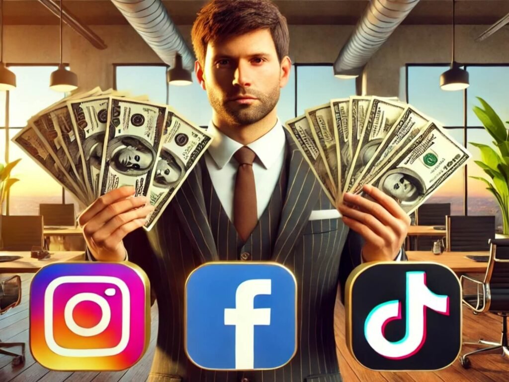 Man holding cash with Instagram, Facebook, and TikTok logos, symbolizing earning money through social media theme pages.