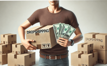 Man holding a dropshipping box and cash, symbolizing profits and success in starting a dropshipping business.