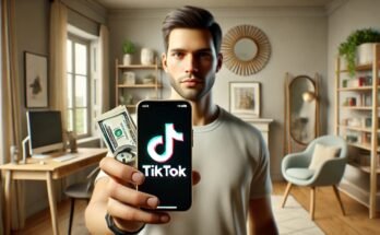 Man holding a phone with the TikTok logo and cash, symbolizing ways to make money on TikTok.