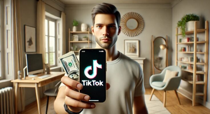 Man holding a phone with the TikTok logo and cash, symbolizing ways to make money on TikTok.