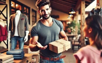 Charismatic man in a retail setting holding a gift box, engaging with a customer, showcasing a friendly approach to selling.