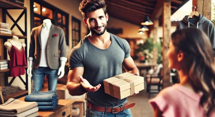 Charismatic man in a retail setting holding a gift box, engaging with a customer, showcasing a friendly approach to selling.