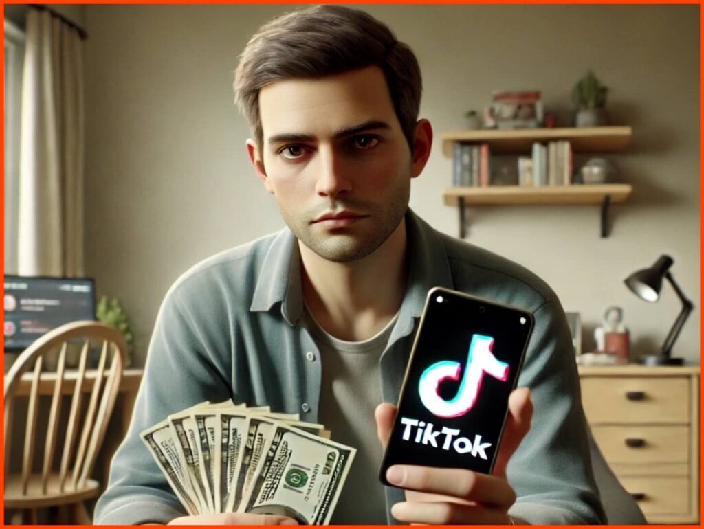 Man holding cash and a phone displaying the TikTok logo, showcasing opportunities to earn money through TikTok.