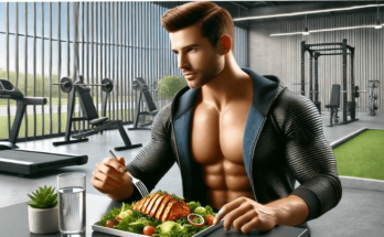 Man in stylish gym attire eating healthy food at a modern gym, symbolizing physical, financial, and mental growth during a six-month transformation.