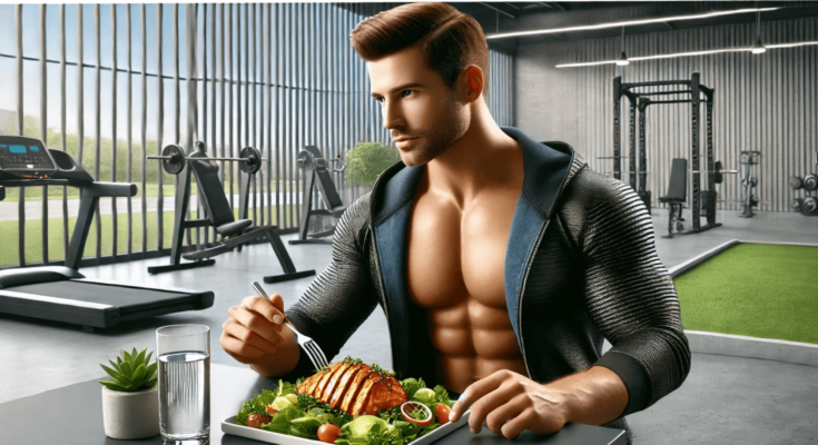 Man in stylish gym attire eating healthy food at a modern gym, symbolizing physical, financial, and mental growth during a six-month transformation.